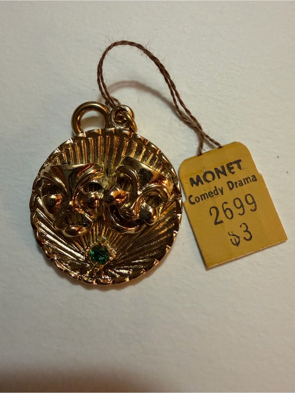 Monet Gold-Tone Comedy & Drama Mask Pendant with Green Stone Accent
